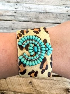 Southern Grace New Arrivals All Wrapped Up Leopard Suede Cuff With Turquoise Stone Squash Blossom