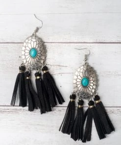 Southern Grace Cowgirl Turquoise Black Tassels Earrings