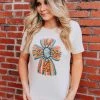 Miss Mud Pie Tees Leopard Cross With Turquoise Stone Tee - Cream