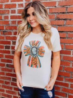 Miss Mud Pie Tees Leopard Cross With Turquoise Stone Tee - Cream