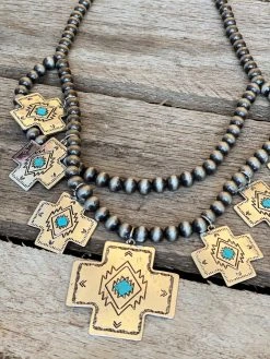 Southern Grace Ranch Raised Silver Cross Navajo Pearls Necklace New Arrivals