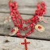 Southern Grace Red Beaded Necklace With Silver & Copper Crosses