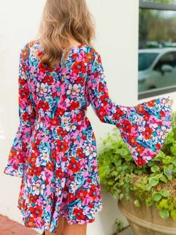 D & J Industies Co., LTD. Floral Fever — Bell Sleeve Floral Dress In Red New Arrivals
