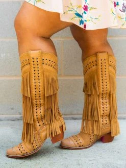 Alig Tannery All Around The Fringe — Wide Calf Western Fringe Boots In Tan Leather