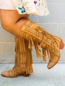 Alig Tannery All Around The Fringe — Wide Calf Western Fringe Boots In Tan Leather
