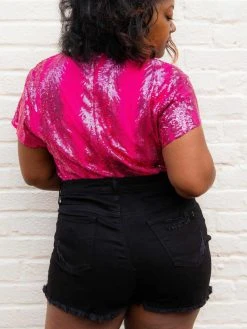 D & J Industies Co., LTD. Pre-Orders PREORDER Hell On Heels Cap Sleeve Bodysuit - Hot Pink Sequin