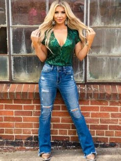 D & J Industies Co., LTD. PREORDER Hell On Heels Cap Sleeve Bodysuit - Emerald Sequin Pre-Orders